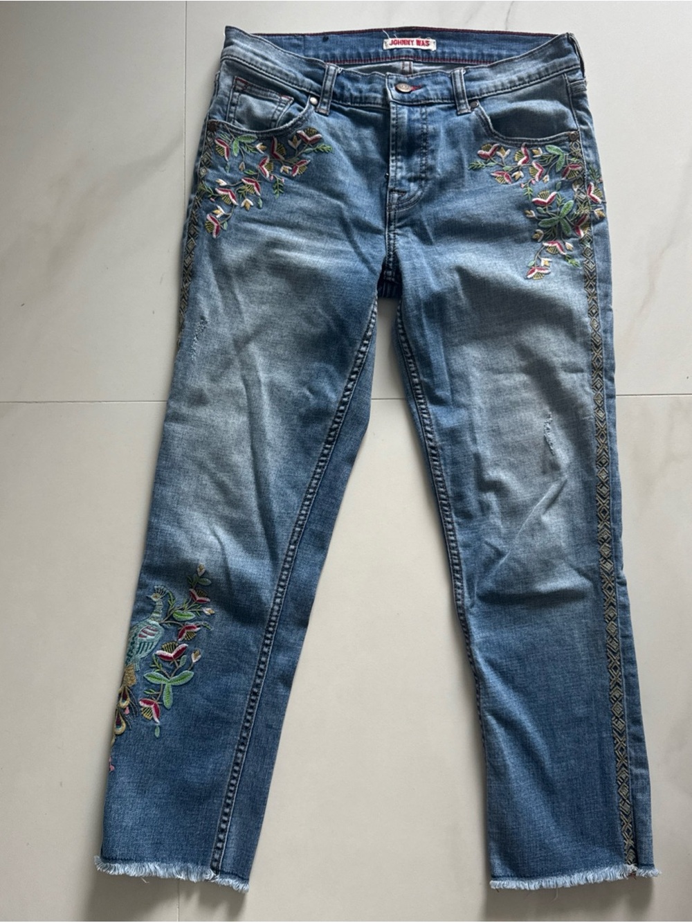 Johnny Was Jeans Blue Size 25 Embroidered Peacock & Floral Pattern Mid Rise